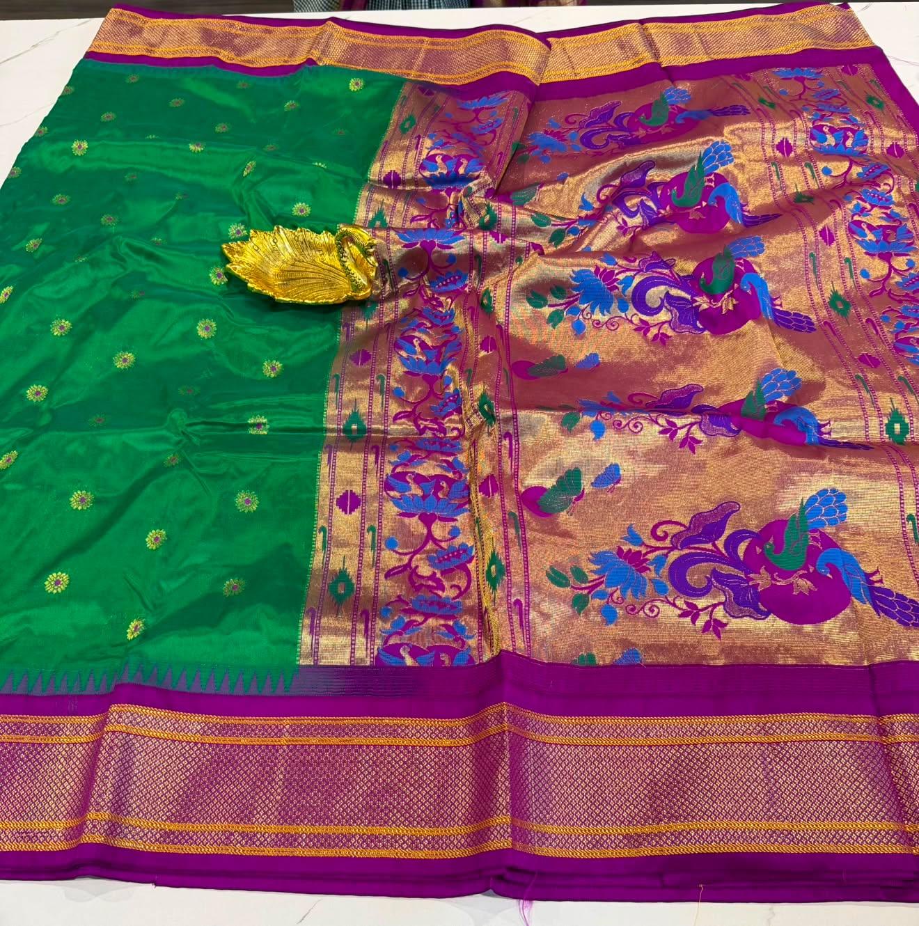 LD-N9 narayanapeta semi pattu green and megentha saree