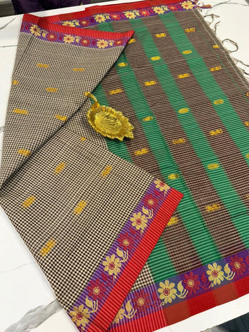 KC-950 Cream n Brown Checks kanchi cotton saree