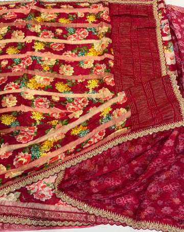 LD-37 chinon crape scalop boarders rani pink saree