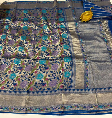 Ts-4600 Peacock blue colour Tussar tissue parrots saree