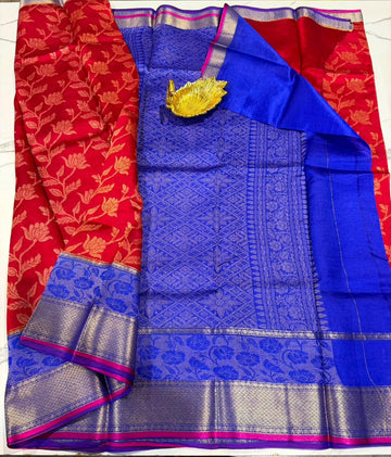 Dp-5900 red & blue dupion pattu