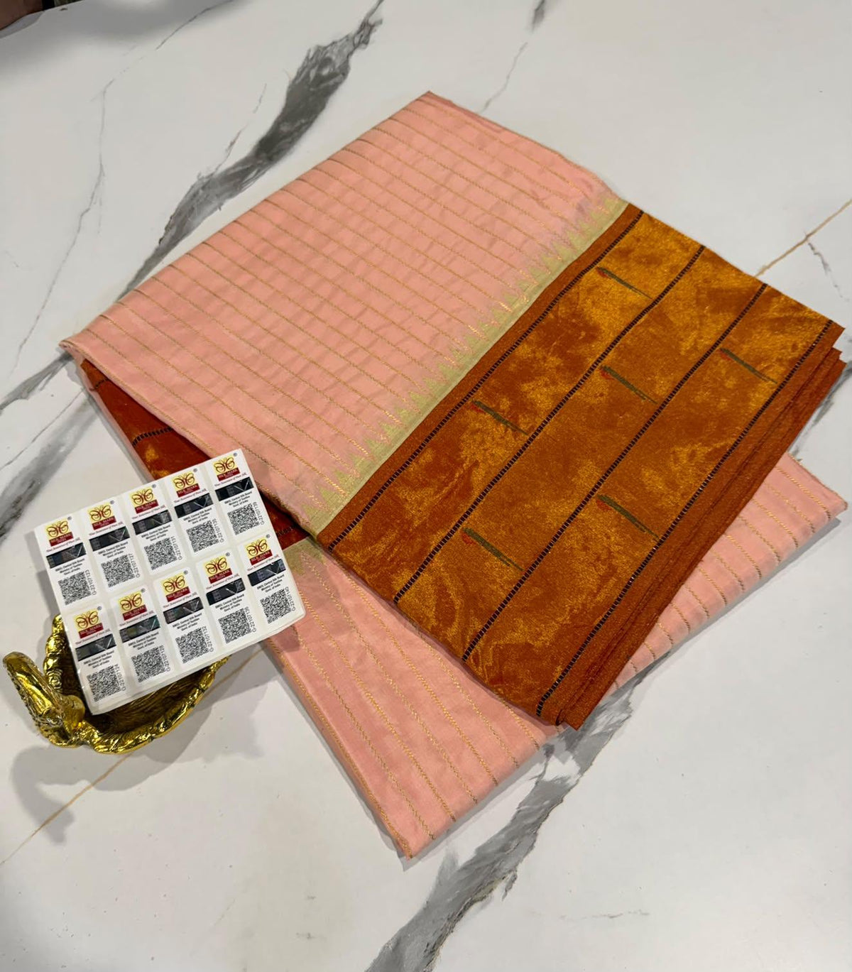 3mp Peachish pink colour Muniya Paithani pure silk sarees