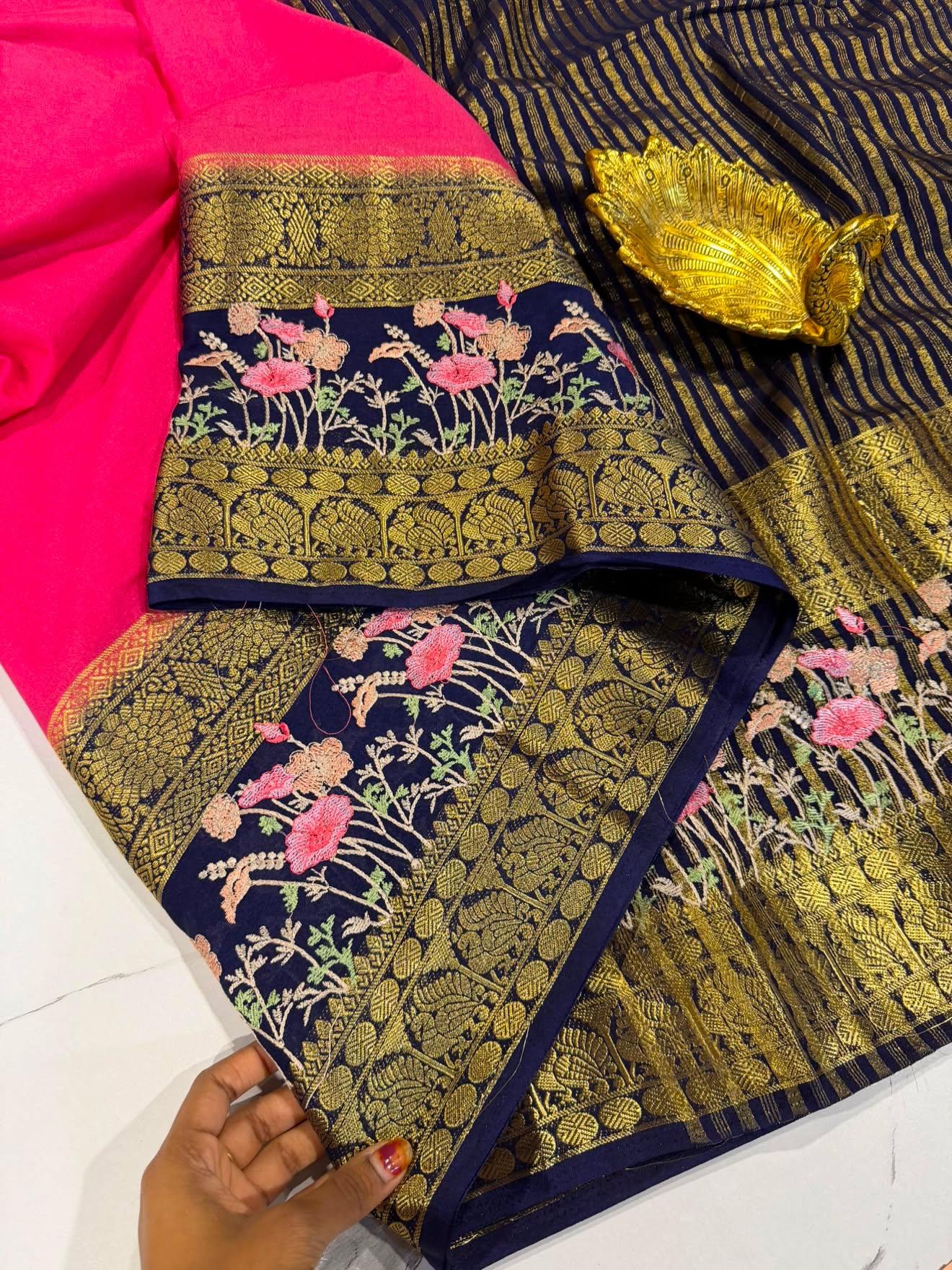 LD-M2 peach pink  & navi blue semi Mysore saree