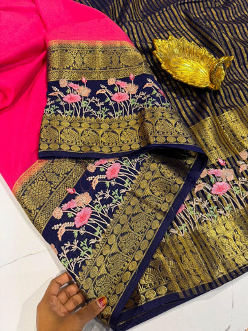 LD-M2 peach pink  & navi blue semi Mysore saree
