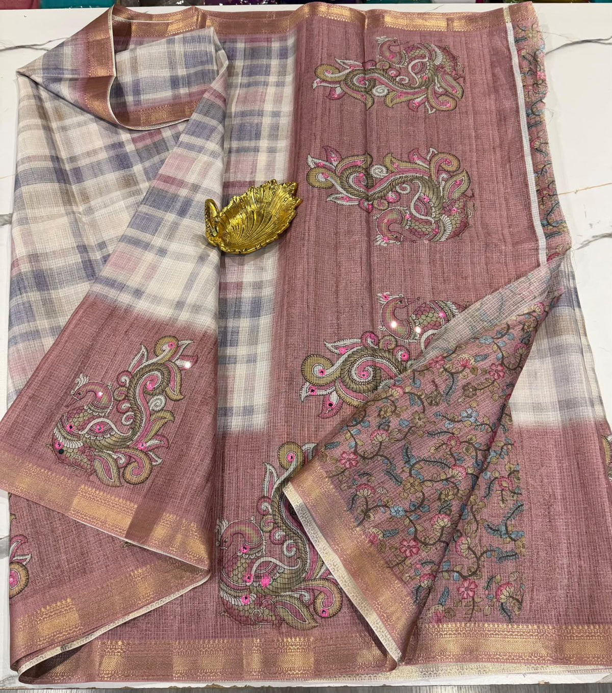 Mk-1350 Onion peel colour kota cotton Madras checks saree
