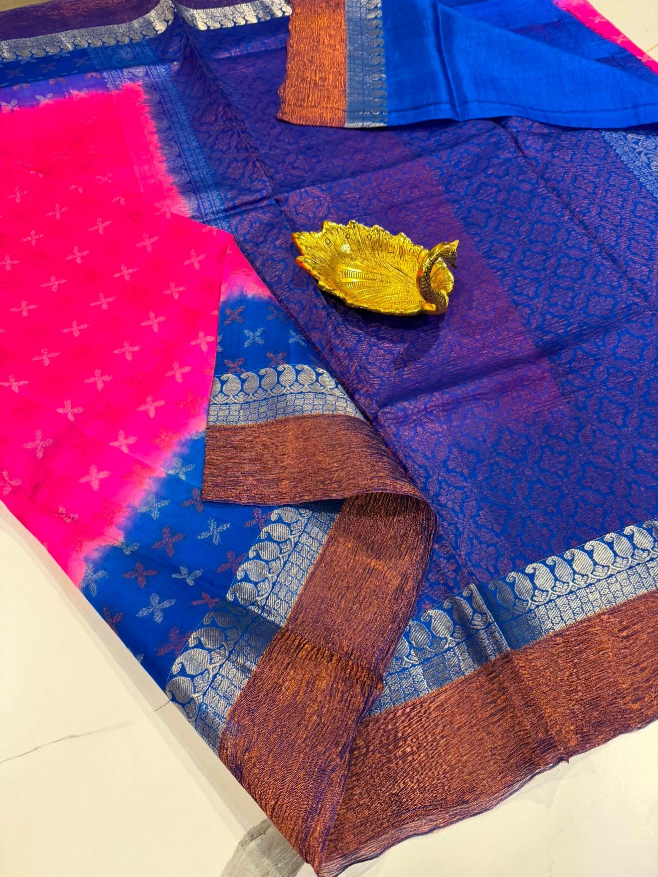 Dp-5900 pink  & blue  dupion pattu