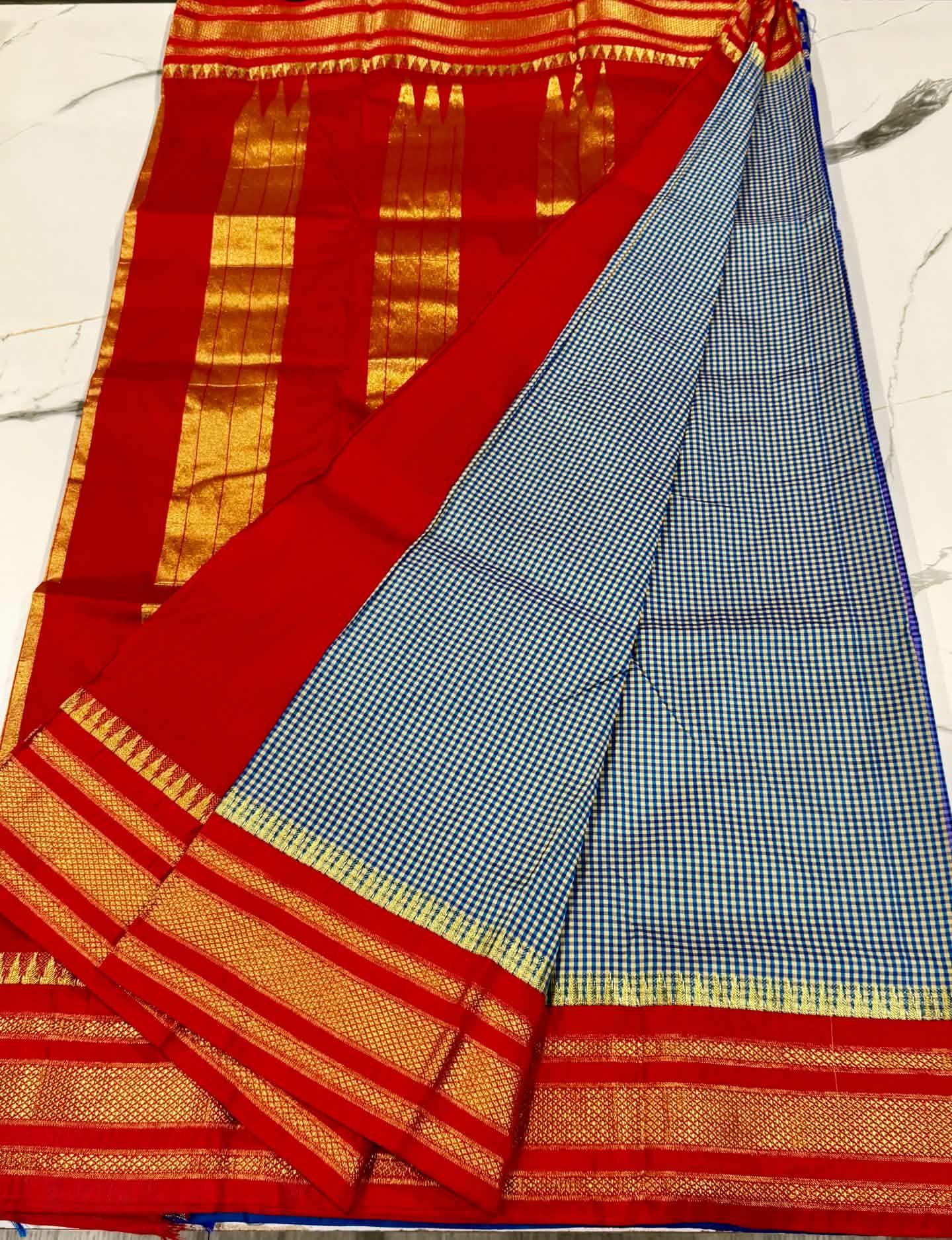 LD-N22 narayanapeta checks saree navi blue and red saree