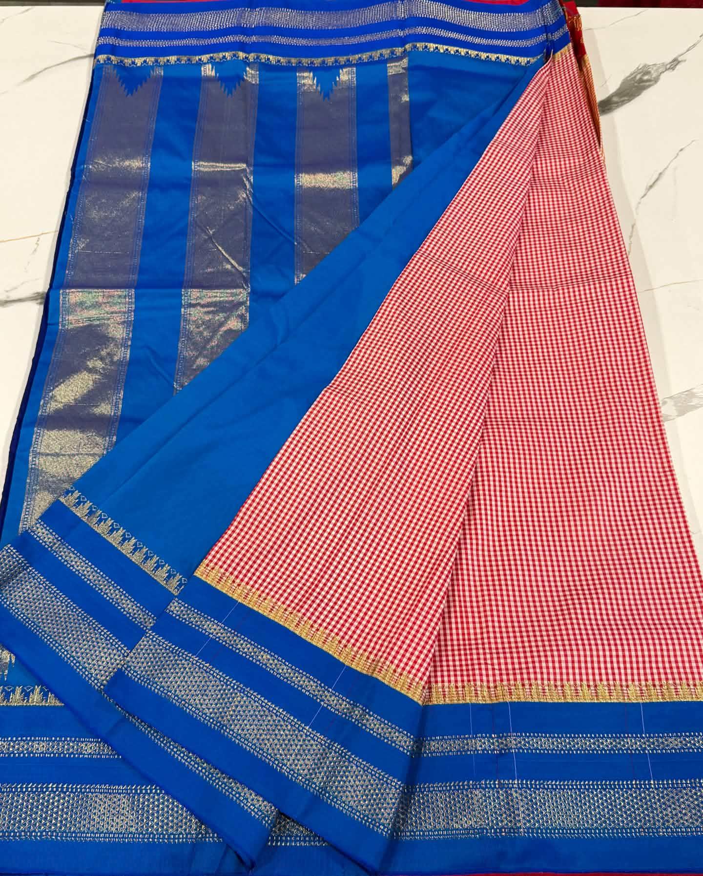 LD-N22 narayanapeta checks sarees red and sky blue