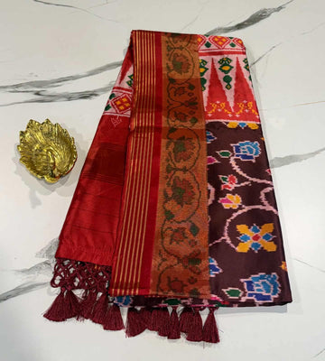 LD-1351 patola with tissue boarder brown and red saree parrots