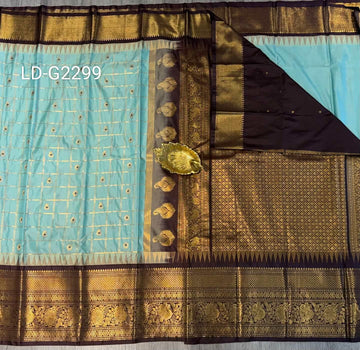 LD-G2299 vintage Semi Gadwal sky blue and brown with checks saree