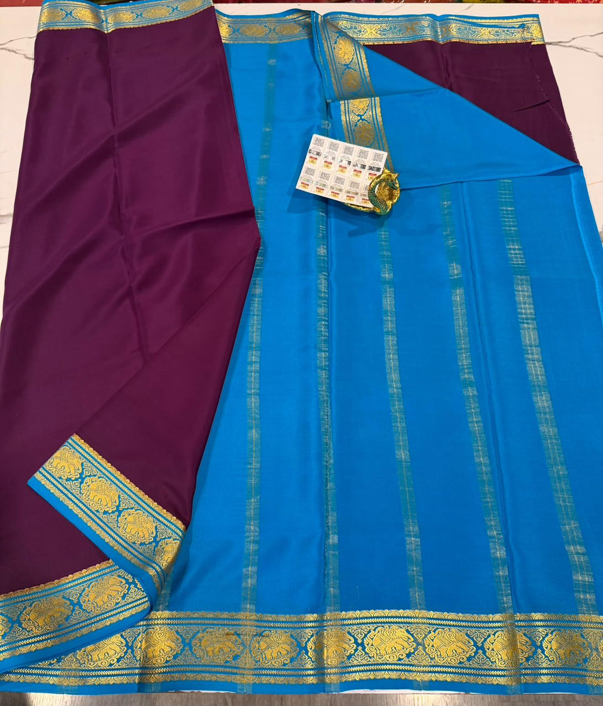 MR-95 Wine n Rama blue colour Mysore pure crepe saree
