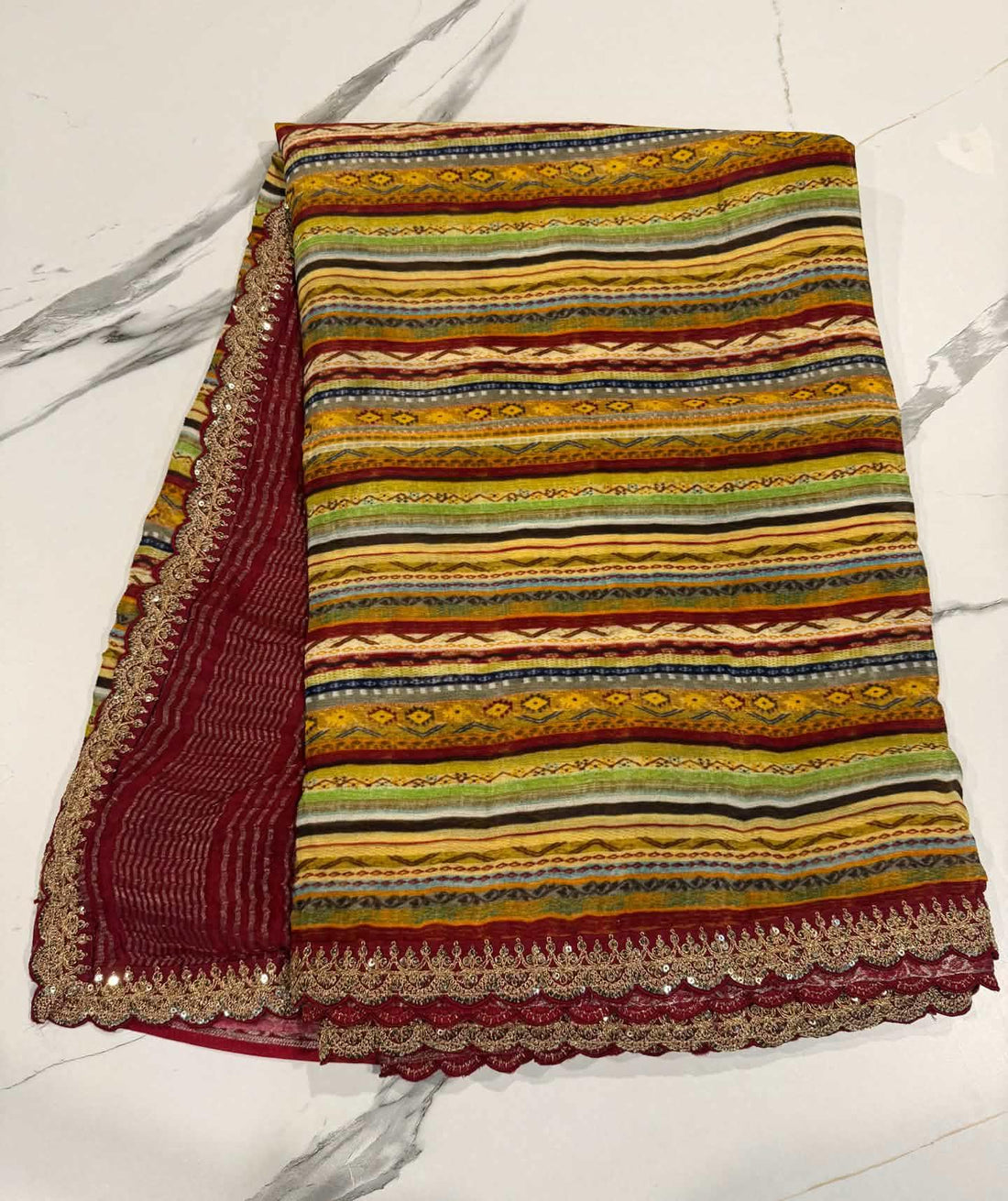 LD-37 chinon crape scalop boarders red n multi colour saree