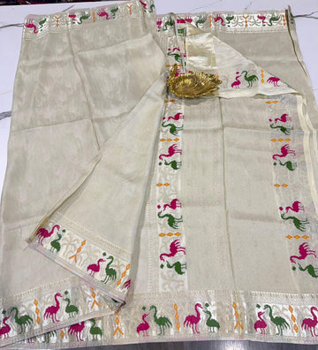 T-2998 Cream colour banaras tissue Mashru borders saree