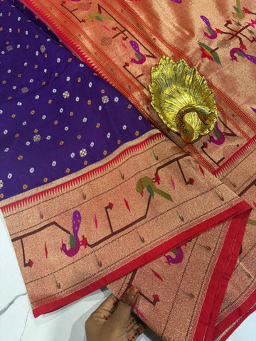 B-5400 Brinjal Colour Bandini Crepe Paithani borders saree