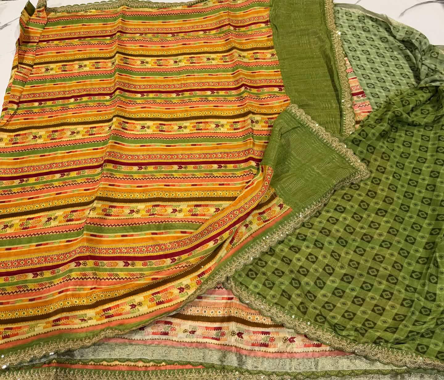 LD-37 chinon crape scalop boarders green n yellow saree