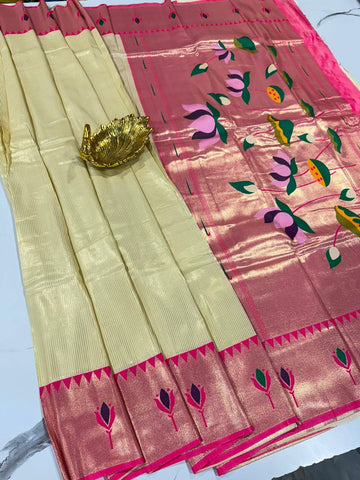PW-1650 cream n Pink colour paithani Saree