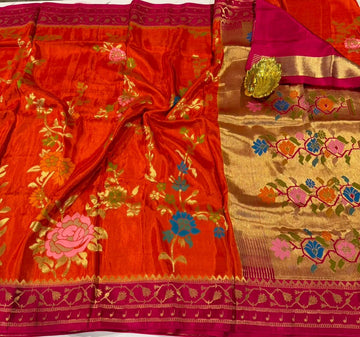 GM-3399 Orange n pink colour green mango Jamdani saree