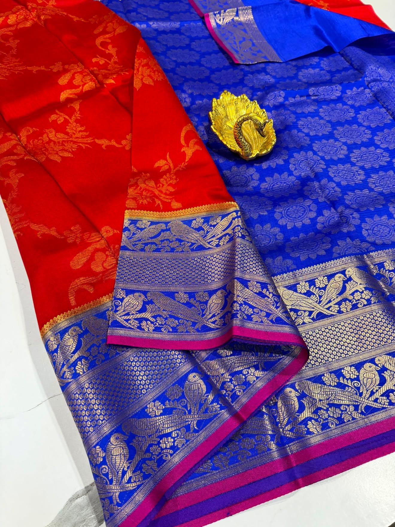 Dp-5900 red  & navi blue  dupion pattu