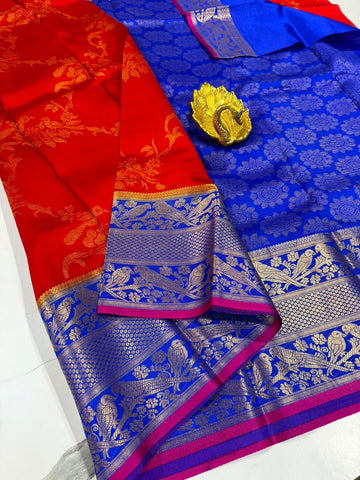 Dp-5900 red  & navi blue  dupion pattu
