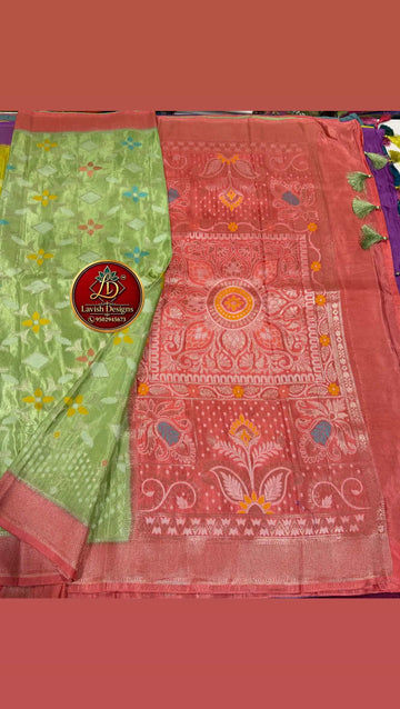 PV-33 light green n Peach colour Ikkat designer viscous crepe sarees
