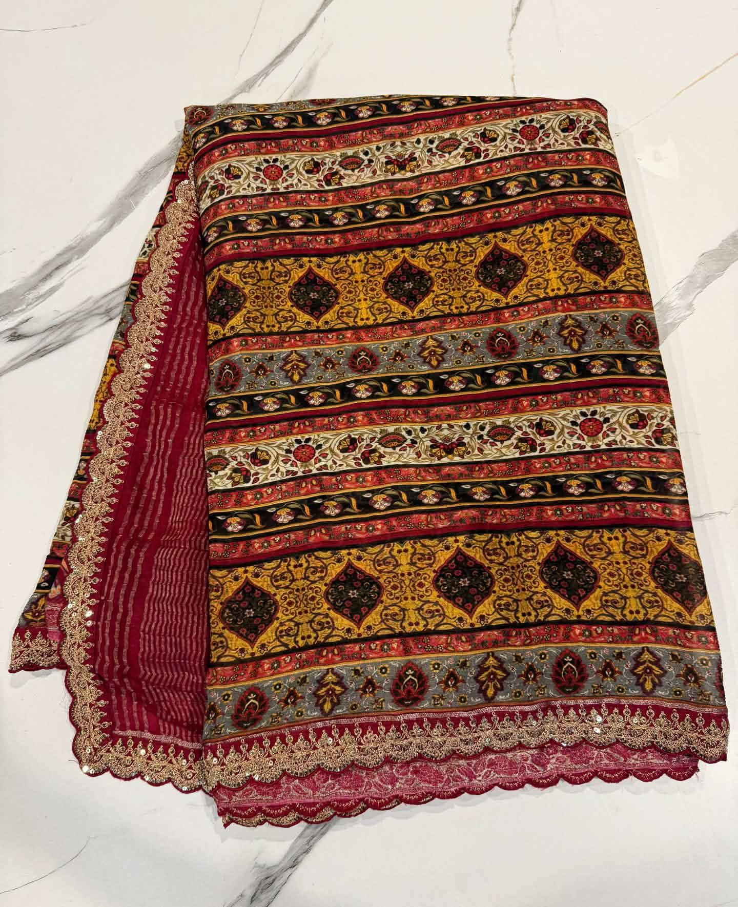 LD-37 chinon crape scalop boarders red n yellow saree
