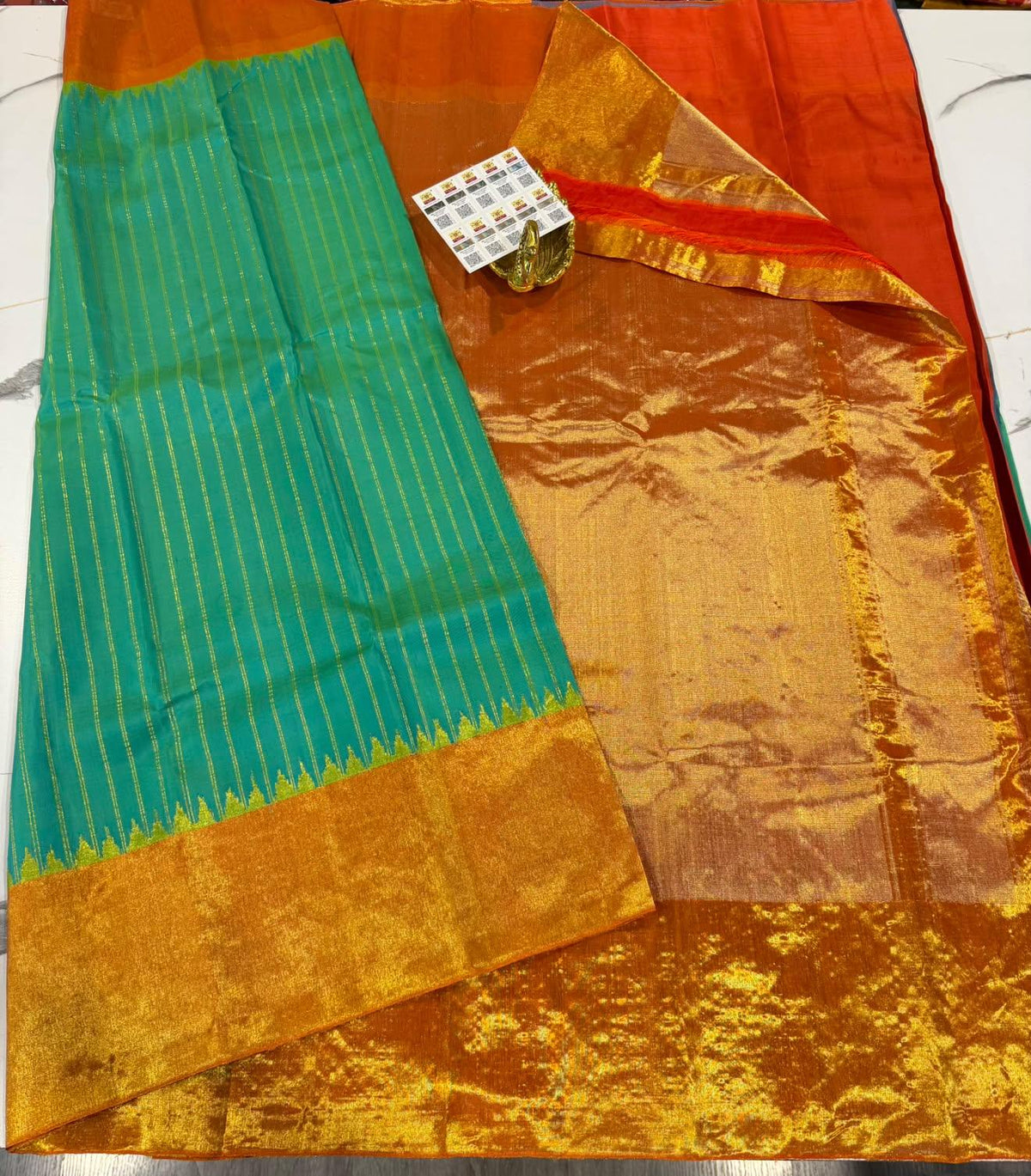 GA-14 Sea green n orange colour Pure silk handloom Gadwal borders sarees
