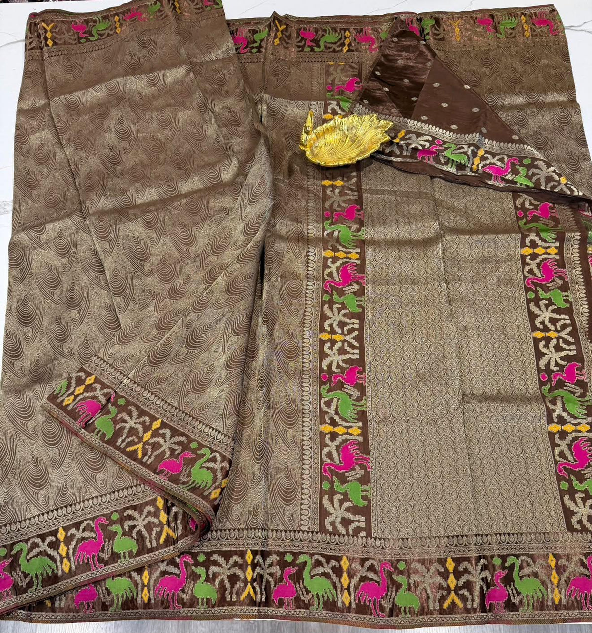 T-2998 Brown colour banaras tissue Mashru borders saree