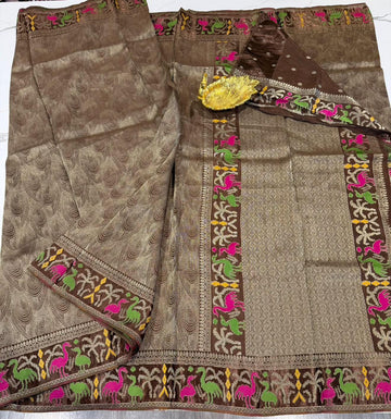 T-2998 Brown colour banaras tissue Mashru borders saree
