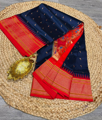 LD-N9  Navy blue n red saree Narayanapet semi pattu  muniya butta