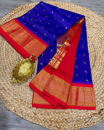 LD-N9  Blue n Red saree Narayanapet semi pattu muniya butta