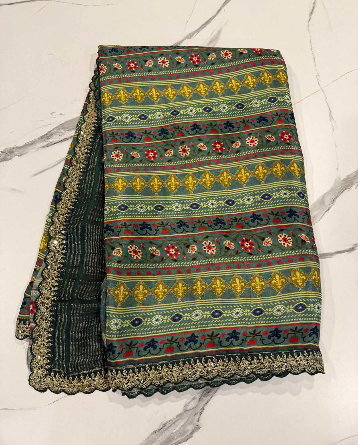 LD-37 chinon crape scalop boarders pachi green