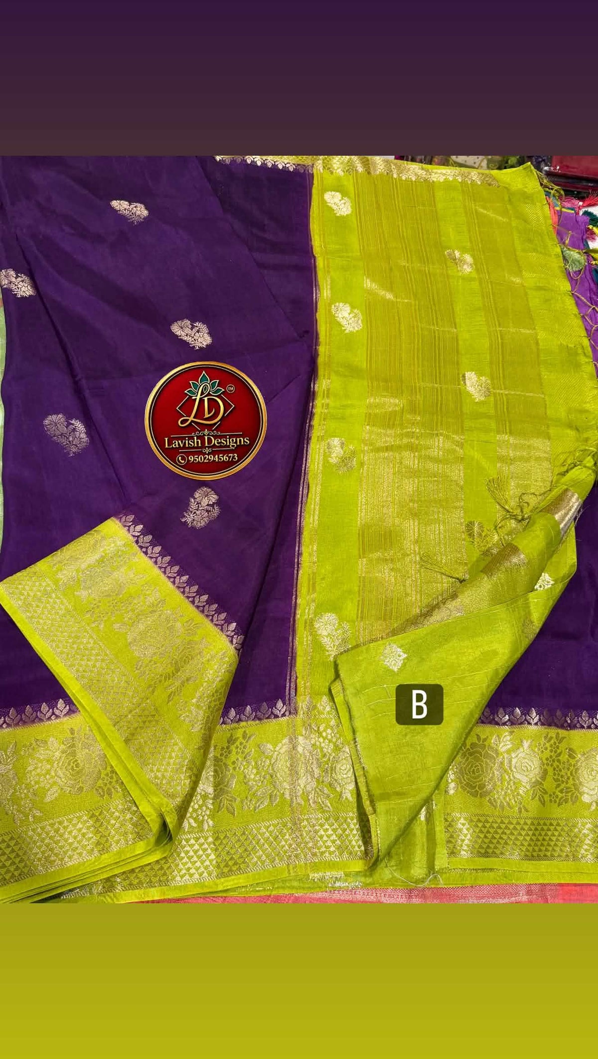GM-1699 Violet n pista green colour Banaras Green mango saree