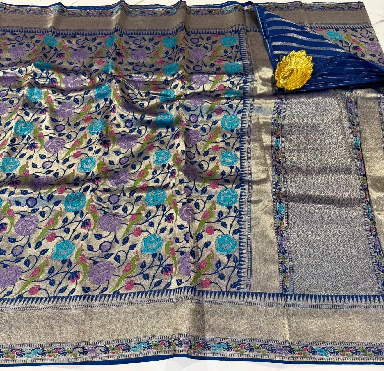 Ts -4600 Navi blue colour Tussar tissue parrots saree