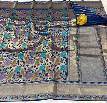 Ts -4600 Navi blue colour Tussar tissue parrots saree