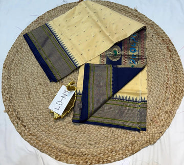 LD-N9 Cream n Navy blue saree Narayanapet semi pattu muniya butta