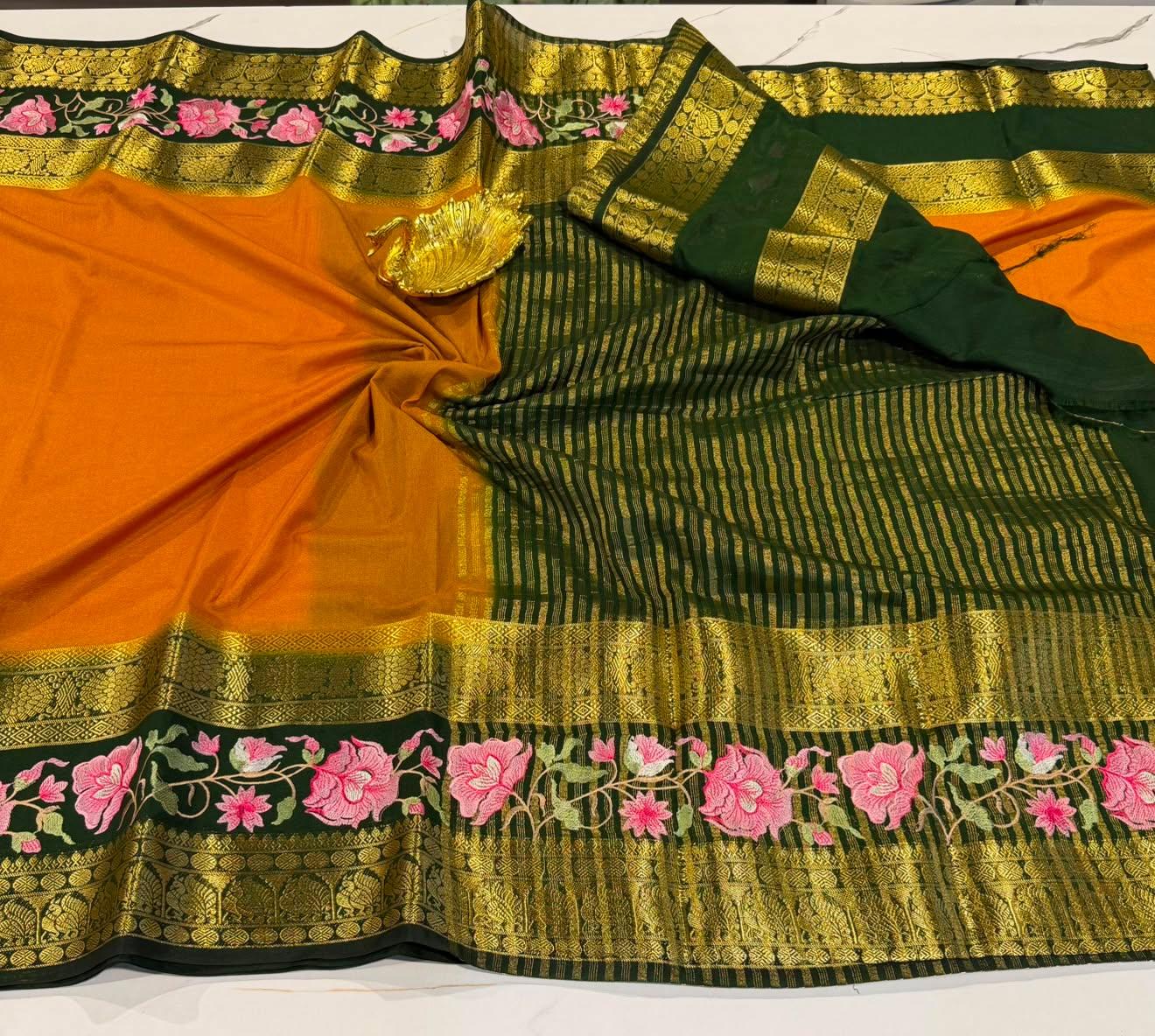 LD-M2 mustard yellow & green sarees semi Mysore sarees