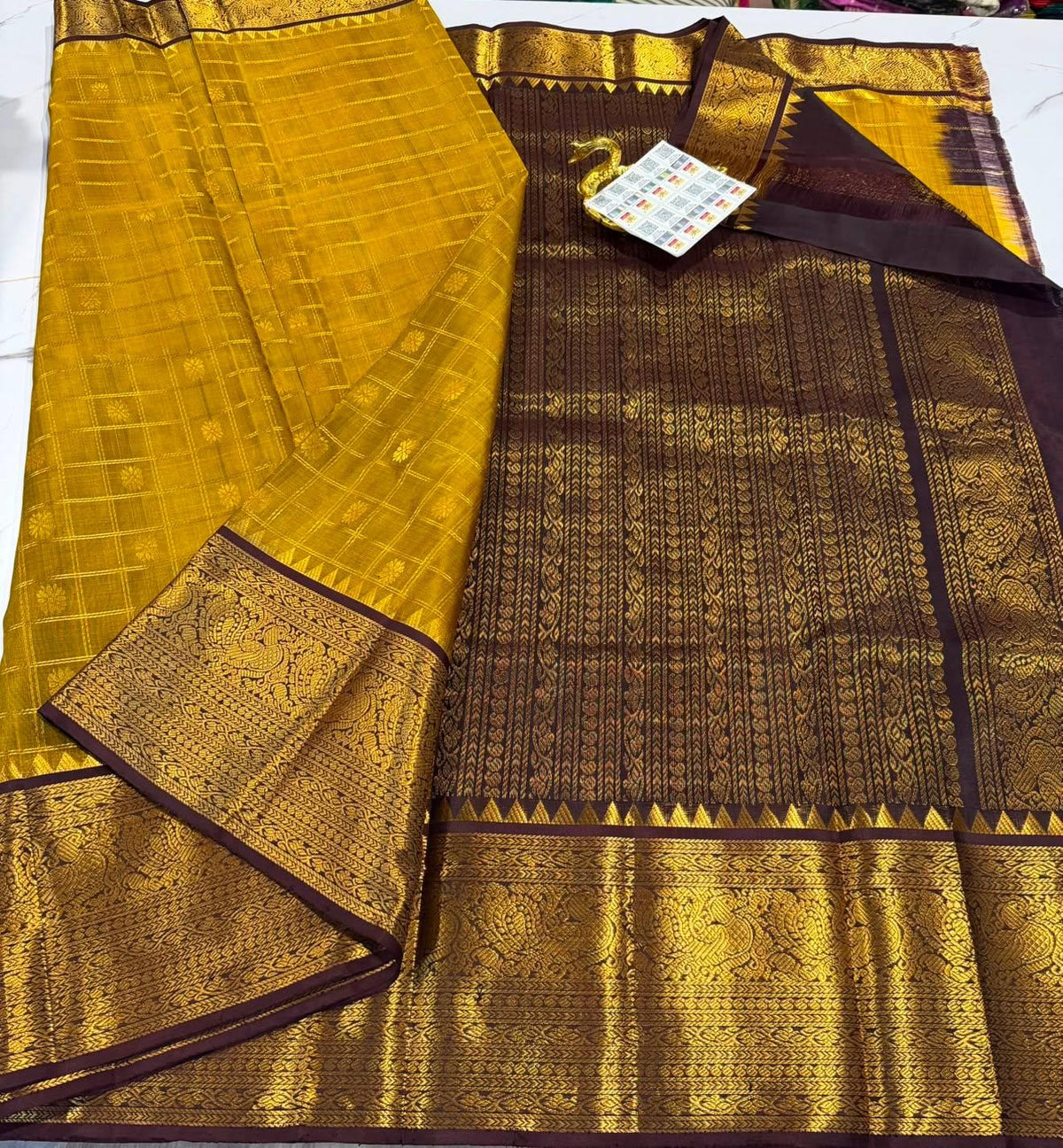 PHV-115 mustard yellow n brown border  pure handloom vintage kanchi saree