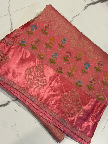 S-3200 Peachish pink colour Kanchi tissue saree