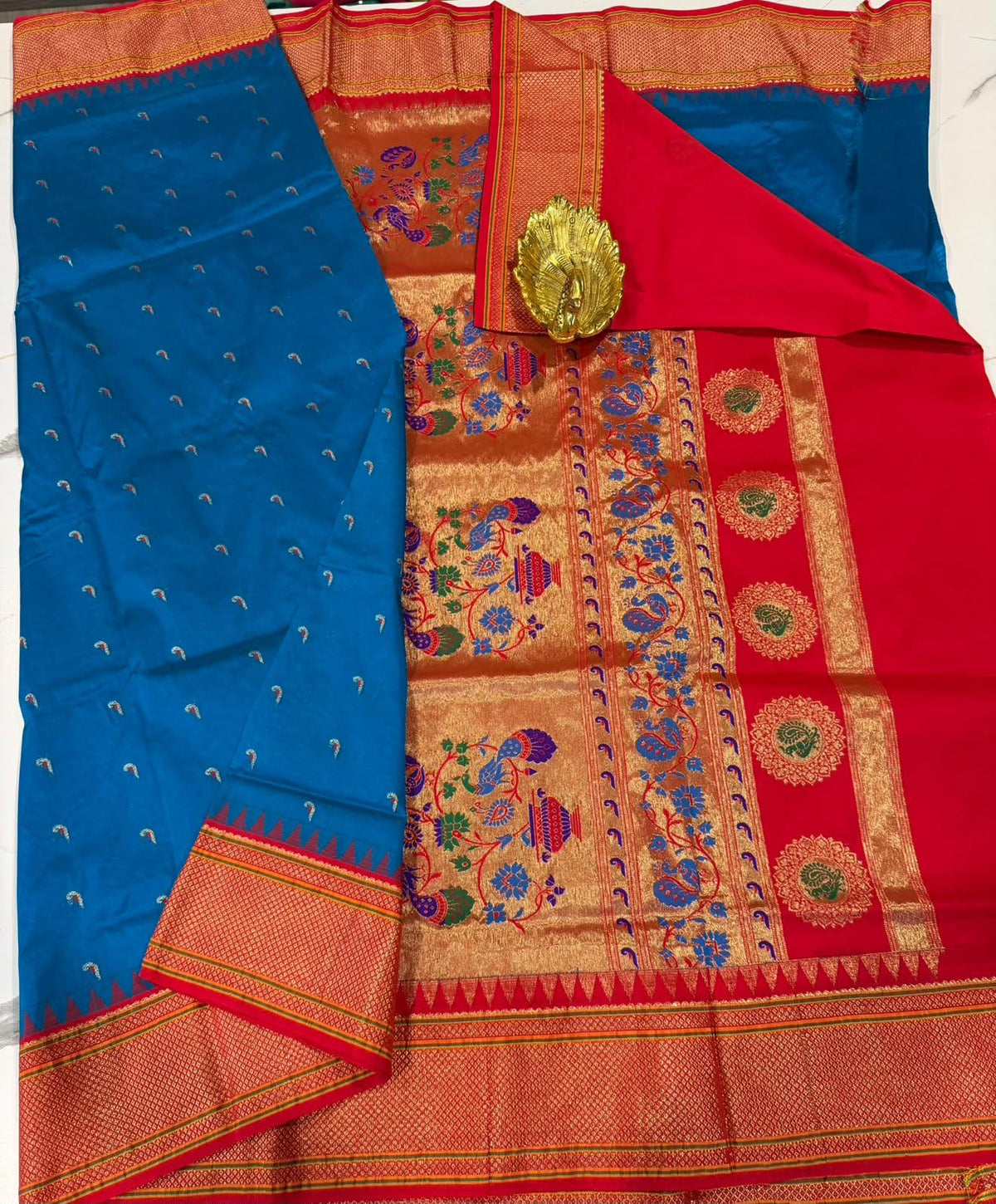 LD-N9 narayanapeta semi Pattu Krishna blue and red colour border muniya butta saree