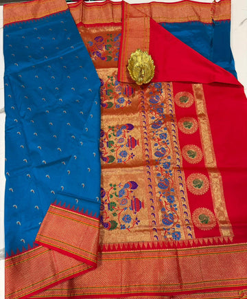 LD-N9 narayanapeta semi Pattu Krishna blue and red colour border muniya butta saree