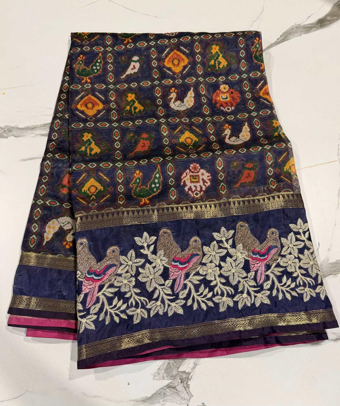 LD-P17 kora patola petit point work navi blue saree