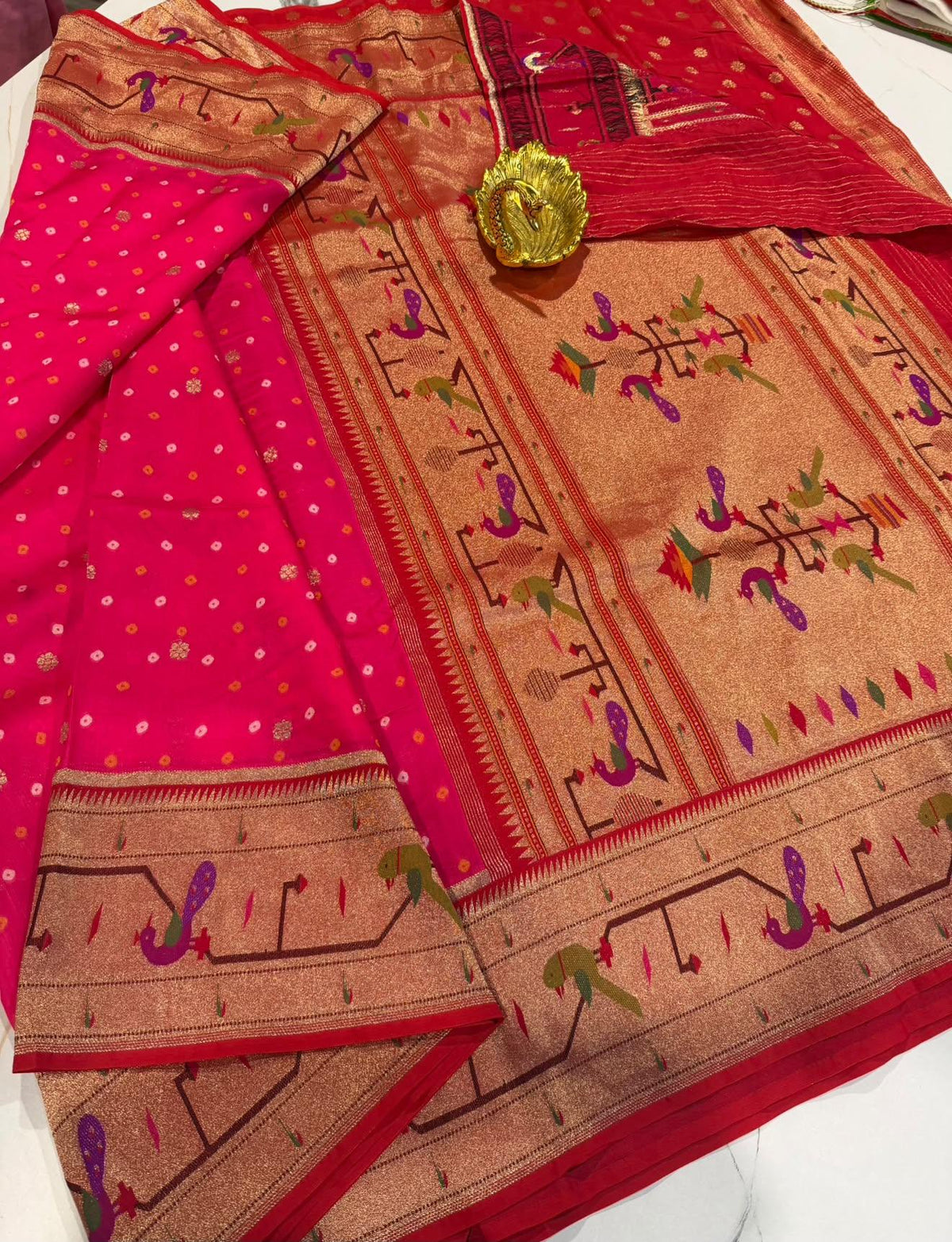 B-5400 Rani Pink Colour Bandini Crepe Paithani borders saree