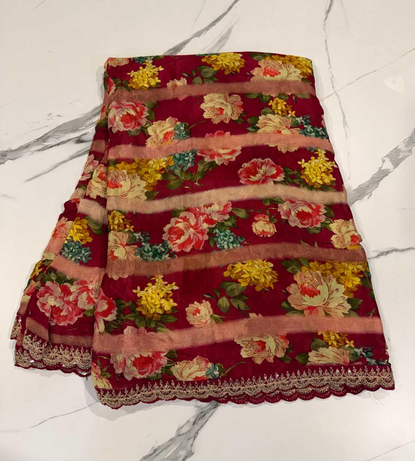 LD-37 chinon crape scalop boarders rani pink saree