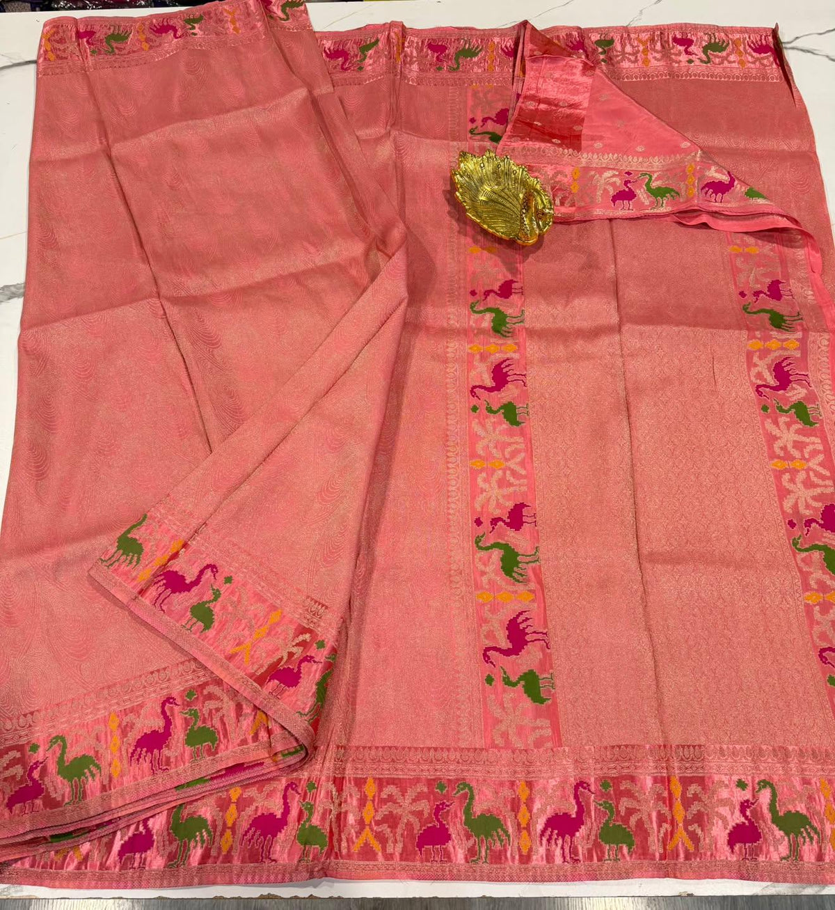 T-2998 Peachish pink colour banaras tissue Mashru borders saree