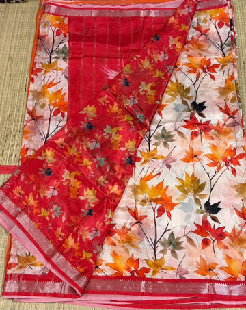 MH-33 Cream white n red colour Handloom Mangalagiri pattu saree
