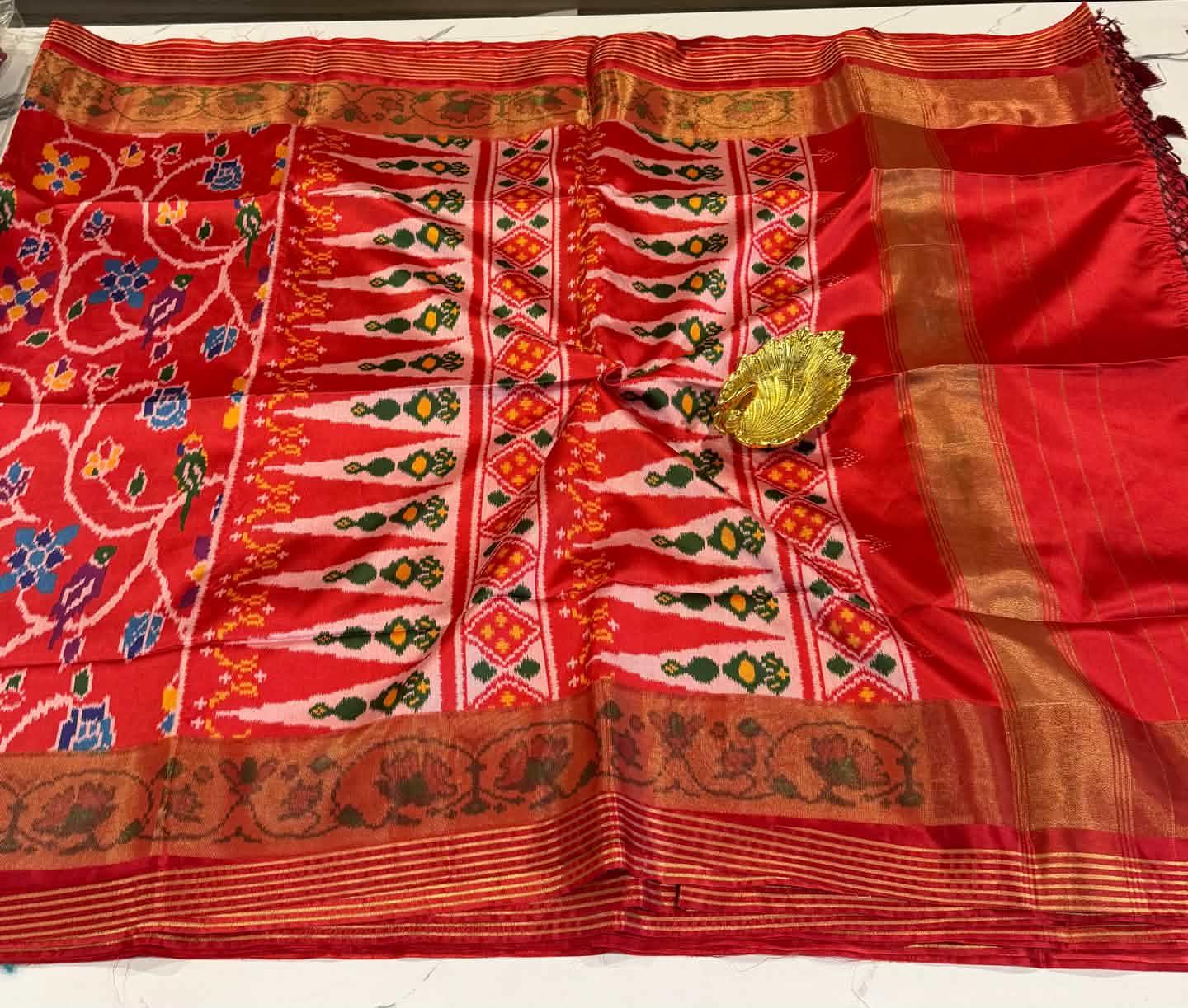 LD-1351 patola with tissue boarder red n red saree parrots