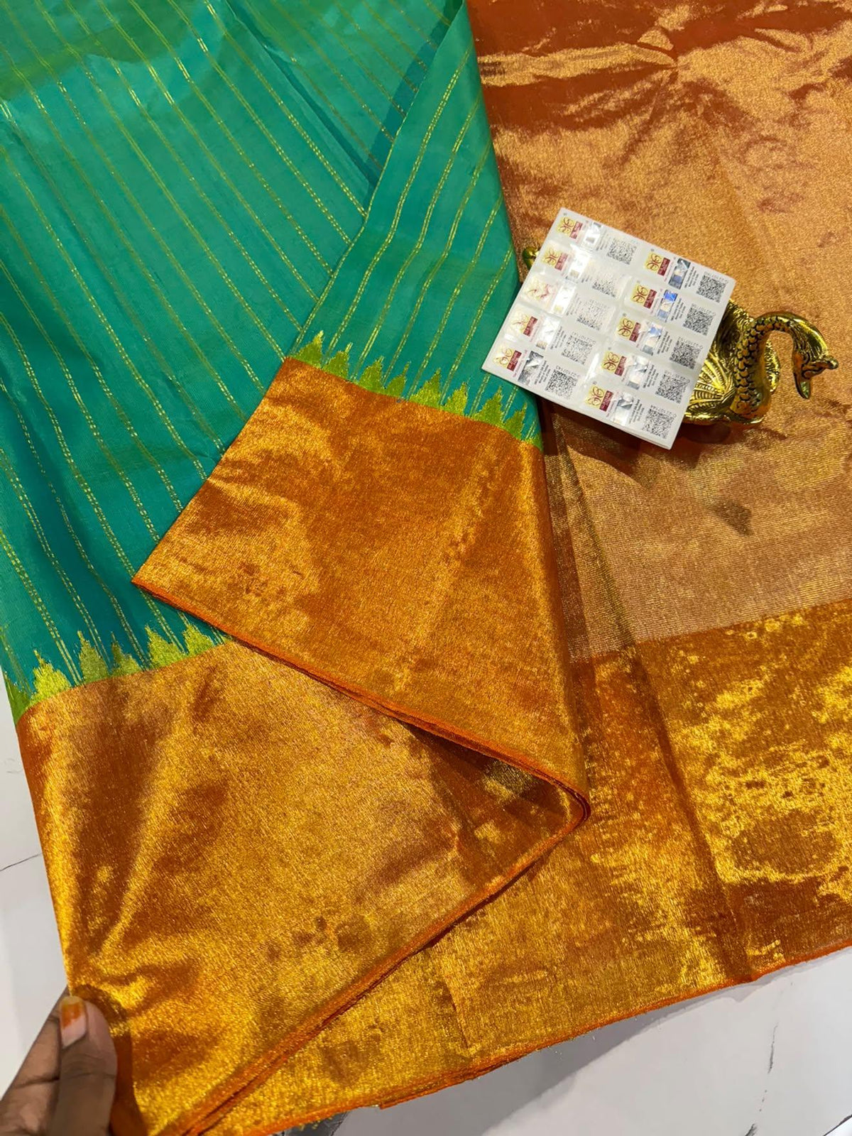 GA-14 Sea green n orange colour Pure silk handloom Gadwal borders sarees
