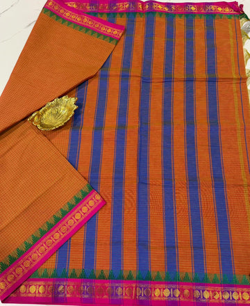 KC-950 Tiger Orange nd blue kanchi cotton saree