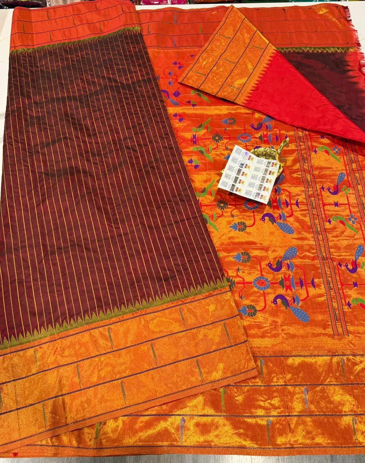 3mp Maroonish brown colour Muniya Paithani pure silk sarees