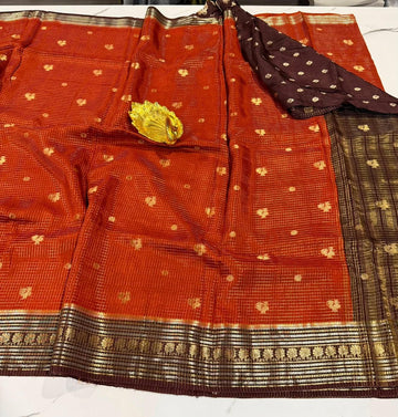 VKC2149 - Orange and Brown small brdr - vintage Kanchi checks